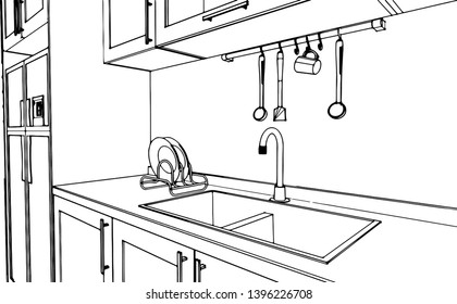 lavabo en la parte superior del diseño de esbozo de cocina