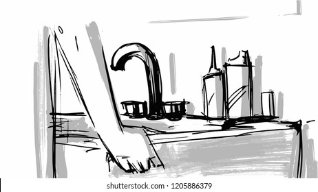 the sink on which is placed a hand and a tap,storyboard.