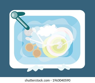 Sink with plates, mugs, spoons filled with foam water on a blue background. Vector illustration, drawing in a flat style, cartoon.
