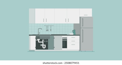 Sink plumbing and drain inside a kitchen cabinet, home maintenance and repair