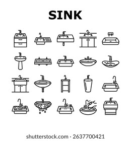 sink porcelain drain faucet icons set vector. basin, plumbing undermount, vessel, pedestal countertop, installation, overflow sink porcelain drain faucet black contour illustrations
