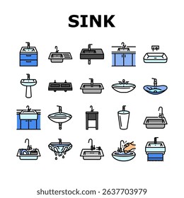 sink porcelain drain faucet icons set vector. basin, plumbing undermount, vessel, pedestal countertop, installation, overflow sink porcelain drain faucet color line illustrations