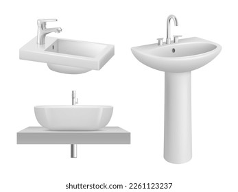 Sink. Realistic bathroom items white ceramic sink in toilet room decent vector template
