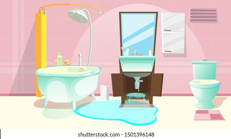 Sink Repair Flat Cartoon Vector Illustration. Sink Installing Renovation In Bathroom, Faucet With Water Leakage Problem. Water Covering Floor. Broken Or Demaged Pipe. Interior With Toilet, Mirror.