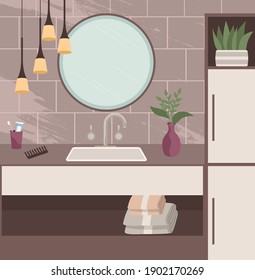 Rosa Tisch mit Blumen und Pflanzen und Spiegel. Badezimmer Inneneinrichtung, flache Vektorgrafik. Die Zimmer sind modern eingerichtet. Ausstattung und Innenausstattung