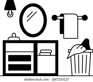Mesa rosada con espejo, toalla colgante y cesta de lavado diseño de icono vectorial de glifo, concepto de diseño interior de sala de lavandería, 