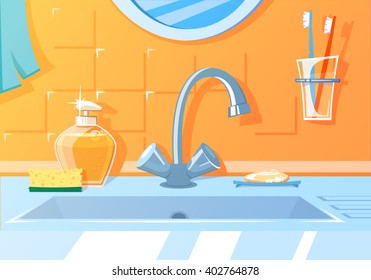 sink with a tap in the bathroom, and cleaning supplies