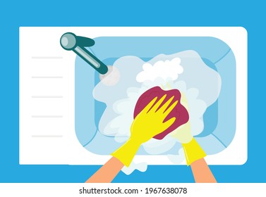 Sink top view with water hands in gloves wash the dishes with a rag foam, water on a blue background. Vector illustration, drawing in a flat style, cartoon.