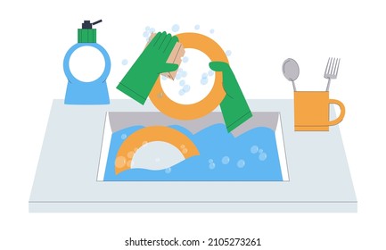 Lavarse con agua. Las manos con guantes lavan el plato. Líquido lavavajillas. Limpieza de cocina. Ilustración vectorial plana.