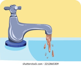 Sink With Yellow Background And Blue Counter, Flowing Dirty Unfiltered Tap Water With Brown Color Vector Illustration. Unclean Dirt Water With Cartoon Flat Art Style Drawing Concept.