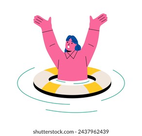 Mujer de negocios hundiéndose. Lifebuoy. Ilustración vectorial plana aislada sobre fondo blanco