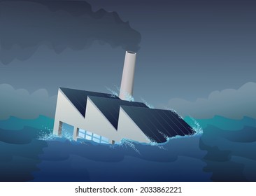 Sinking of a factory in the middle of a storm representing a company in bankruptcy or in distress