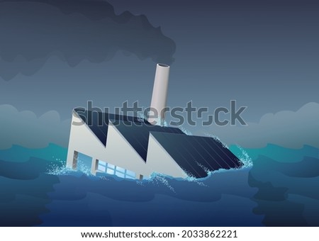 Sinking of a factory in the middle of a storm representing a company in bankruptcy or in distress
