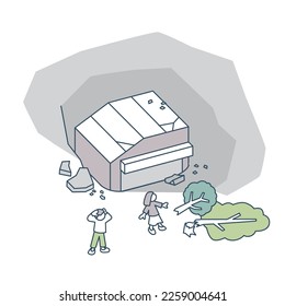 sinking house. disaster and confused people