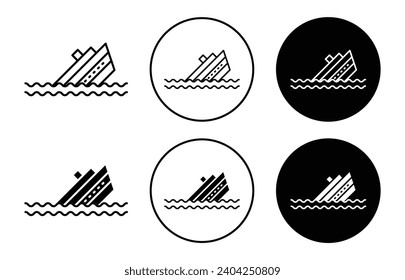 Sinking icon. cargo shipment collision disaster in ocean rescue of ship boat logo set. sea flood accident and cruise ship sinking in sea water symbol. catastrophe marine ship boat sinking vector sign