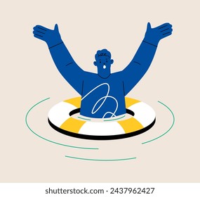 Hombre hundiéndose. Lifebuoy. Colorida ilustración vectorial