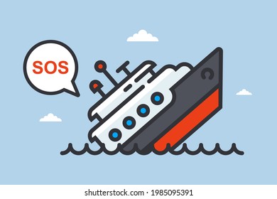 a sinking ship asks for help. flat vector illustration.