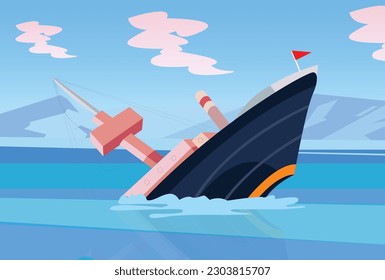 A sinking ship. A big ship. Illustration of a ship sinking in the sea. Illustration for children book, historical events or flash card. A simple flat vector design.