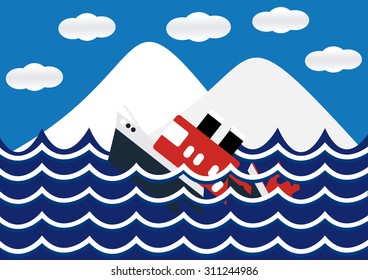 Sinking ship with iceberg and wave flat design. Vector Illustration.
