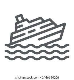 Sinking ship line icon, disaster and water, boat catastrophe sign, vector graphics, a linear pattern on a white background, eps 10.