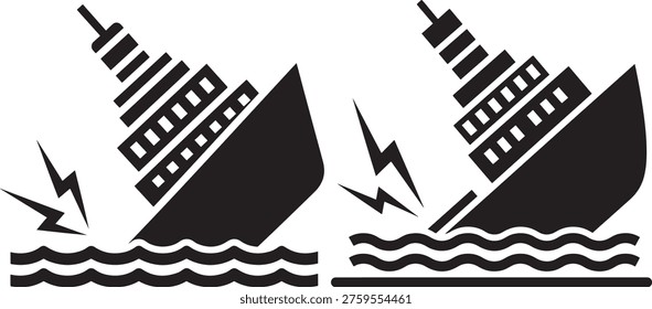 Sinking ship, maritime disaster, storm, danger, sea waves, lightning strikes