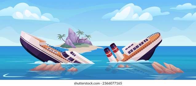 Sinking ship. Maritime ships crash shipwreck accident ocean, sink sea cruise broken boat crashing storm or collision with rock, marine background ingenious vector illustration of crash ship accident