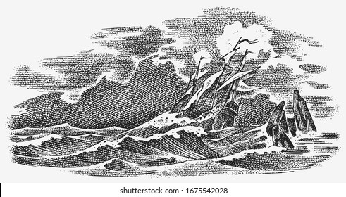 Sinking Ship At Sea. Ocean Storm, Strong Waves. Vintage Engraved Monochrome Sketch. Historic Seascape. Vector Illustration For Banner Or Poster. Boat Trip Or Vessel Voyage.