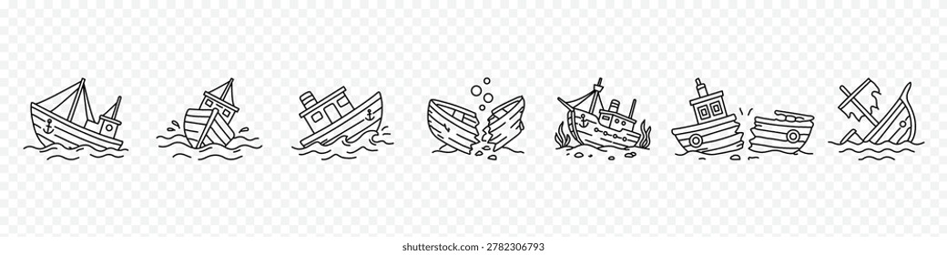 Sinking ship and shipwreck icon set – editable outline symbols of tilting boat, broken vessel, underwater wreck, ocean disaster and sinking marine elements