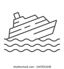 Sinking ship thin line icon, disaster and water, boat catastrophe sign, vector graphics, a linear pattern on a white background, eps 10.