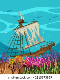 Sinking ship under the ocean illustration