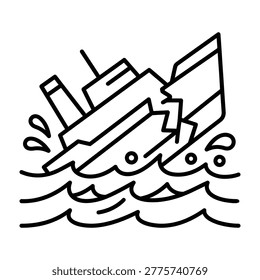 Sinking shipwreck icon representing maritime disaster and loss with shipwreck disaster maritime accident collapse
