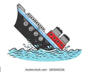 Sinking steamboat ship sketch color engraving vector illustration. T-shirt apparel print design. Scratch board style imitation. Hand drawn image.