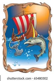 Sinking Thor's hammer (viking amulet) with torn rope, salmon and drakkar (vikings longship) in the ocean, vector illustration