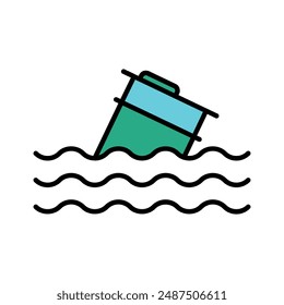 Sinking trash can line icon. Waste, pollution, environmental hazard, ocean debris, floating garbage, water contamination, trash can, sinking, littering, marine pollution, waste, environmental