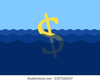 Sinking US Dollar as metaphor of currency after inflation and devaluation -  decrease, decline, fall and plunge of value of money. Vector illustration.