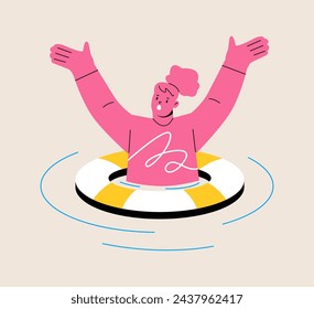 Mujer hundida. Lifebuoy. Colorida ilustración vectorial