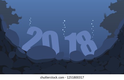 sinking year 2018 underwater between sea rocks EPS 10 Vector