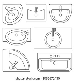 Sinks top view collection.Vector contour illustration. Set of different wash basin types.