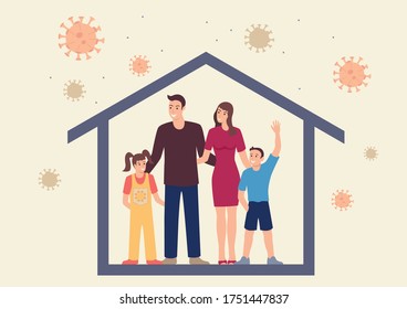Sinmple flat vector illustration of happy family staying together at home during covid-19 pandemic