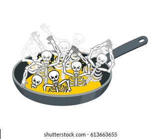 Sinner fry in pan. Skeleton in boiler. Cook sinners in oil. Religion illustration. Hell symbol. Hells torments 
