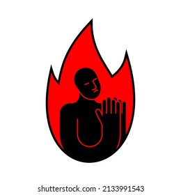 Sinner icon. Sinner in fire to repent. Man prays in fiery hyena. Man in Hellfire sign