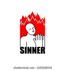 Sinner icon. Sinner in fire to repent. Man prays in fiery hyena. Man in Hellfire sign