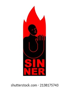 Sinner icon. Sinner in fire to repent. Man prays in fiery hyena. Man in Hellfire sign