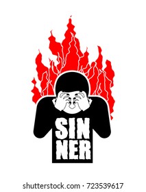 Sinner on fire. OMG. Cover face with hands. Despair and suffering. Hell fire. Vector illustration