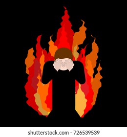 Sinner on fire. OMG. Cover face with hands. Despair and suffering. Hell fire. Vector illustration