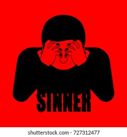 Sinner on fire. OMG. Cover face with hands. Despair and suffering. Hell fire. Vector illustration