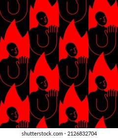 Sinner pattern seamless. Sinner in fire to repent texture. Man prays in fiery hyena ornament. Man in Hellfire background