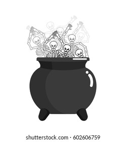 Sinner in pot. Skeleton in boiler. Cook for sinners in resin. Religion illustration. Hell symbol. Hells torments