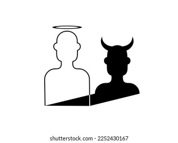 The sinner pretends to be a saint. Conceptual flat black and white vector illustration.