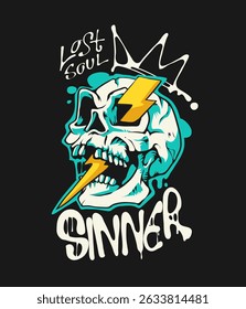 sinner splatter slogan with skull and thunder bolt graphic vector illustration on black background